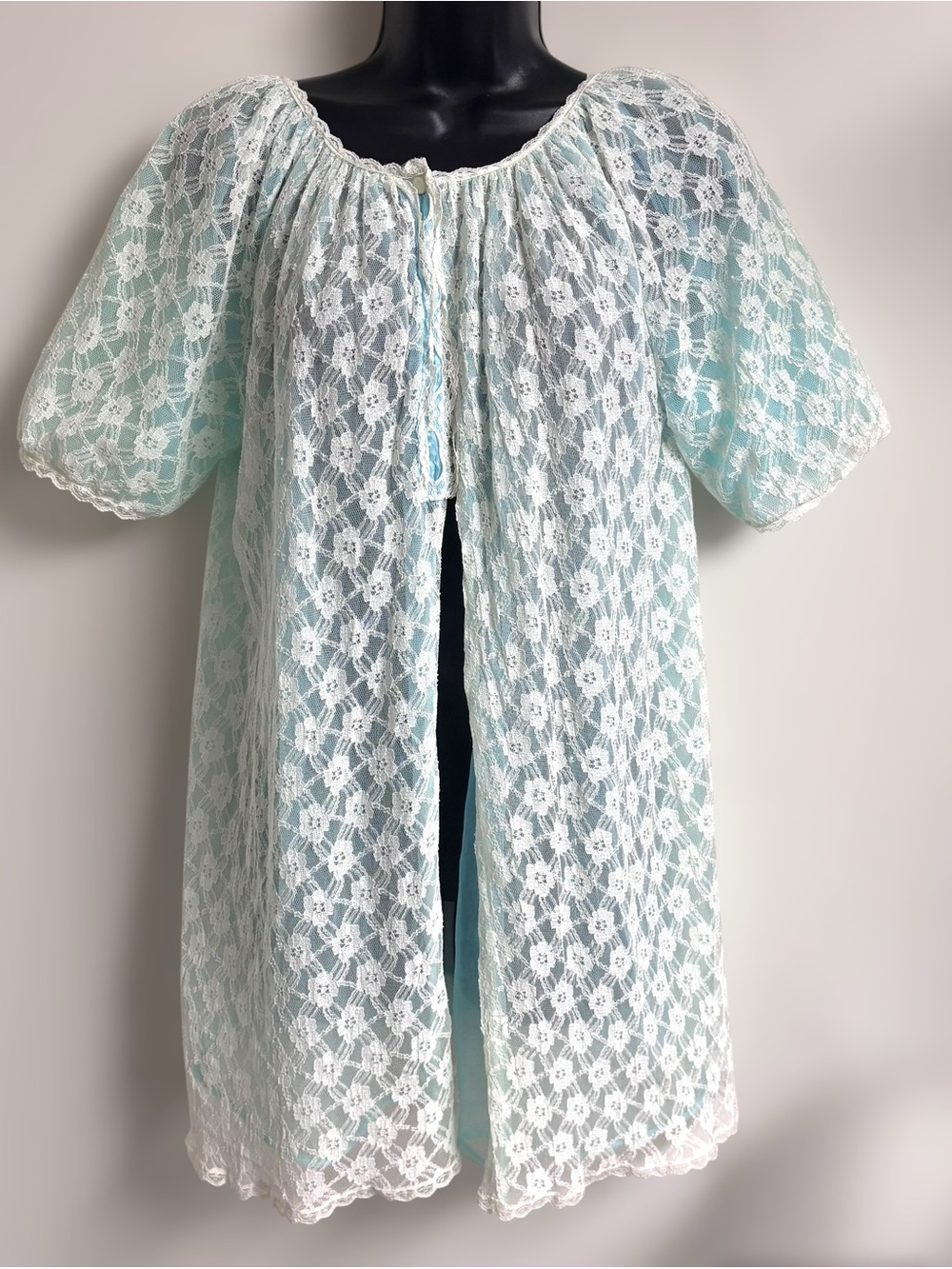 Vintage Teal Night Gown Cover with White Floral Lace
